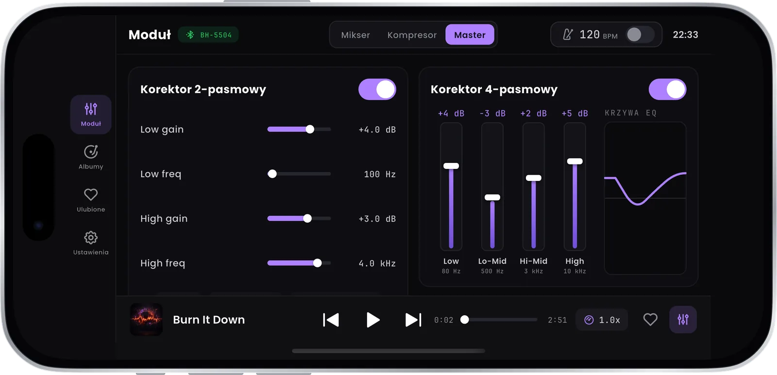 Aplikacja Black Hawk, korektor master modułu Pulse: 2-pasmowy i 4-pasmowy z krzywą EQ