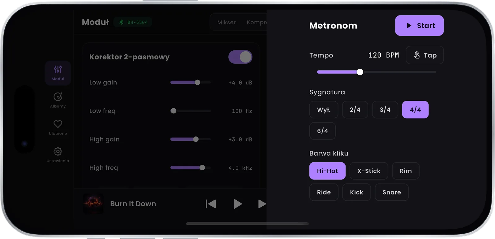 Aplikacja Black Hawk, metronom modułu Pulse: tempo, tap tempo, metrum i barwa kliku